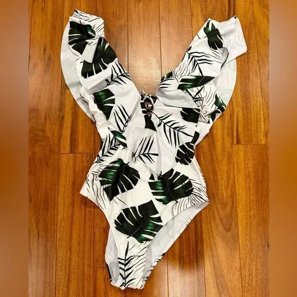 SPORLIKE Women One Piece V-Neck Ruffle Bathing Suit NWOT - Picture 3 of 6